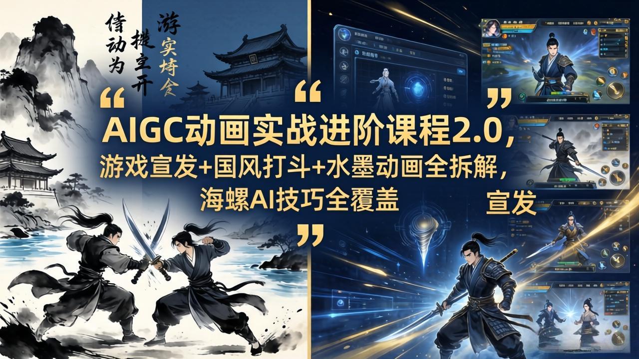 AIGC动画实战进阶课程2.0，游戏宣发+国风打斗+水墨动画全拆解，海螺AI技巧全覆盖-优创云